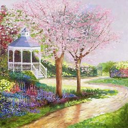 1029943 original oil painting of old building behind the tree